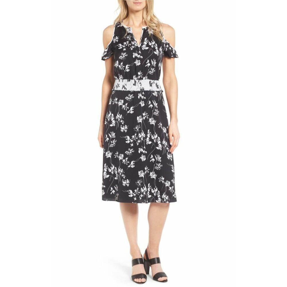 $299 Classiques Entier Black White Stretch Silk Cold Shoulder Dress 10 NEW